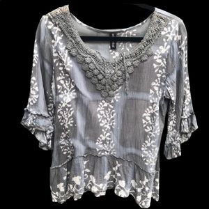 Sacred Threads Gray Floral Crochet-Neck Peasant Blouse